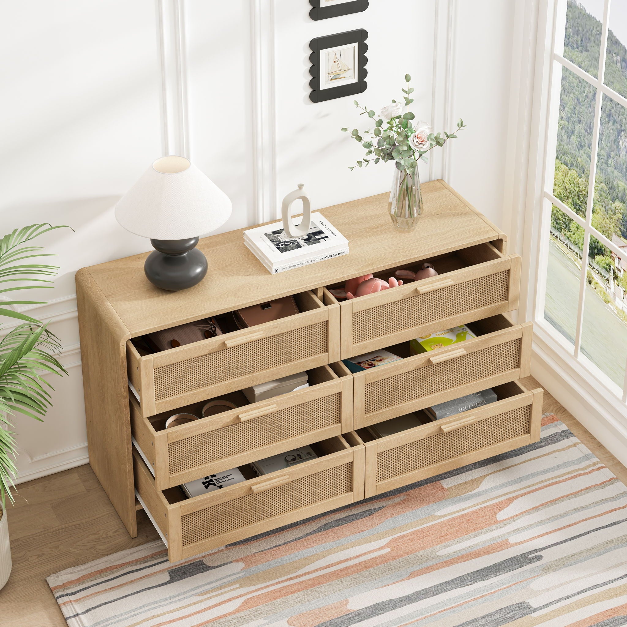 Modern Arc Shaped Corner Rattan Cabinet With 6 Drawers by Unique Piece Furniture