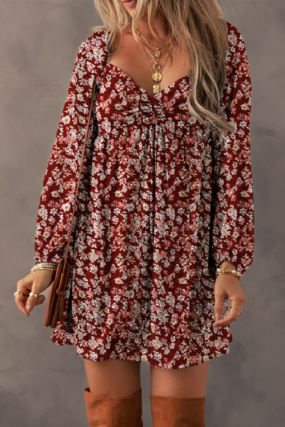 Red Floral Print Sweetheart Neck Shirred Back Mini Dress by Dear-Lover Dropshipping