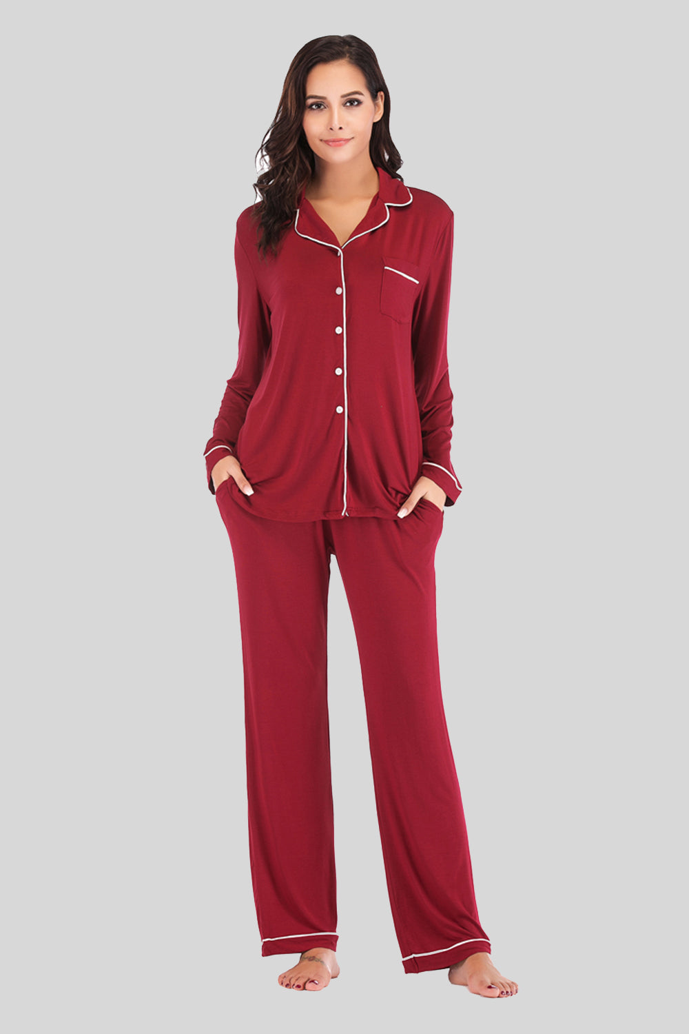 Collared Neck Long Sleeve Loungewear Set with Pockets by Wild and Free Boutique