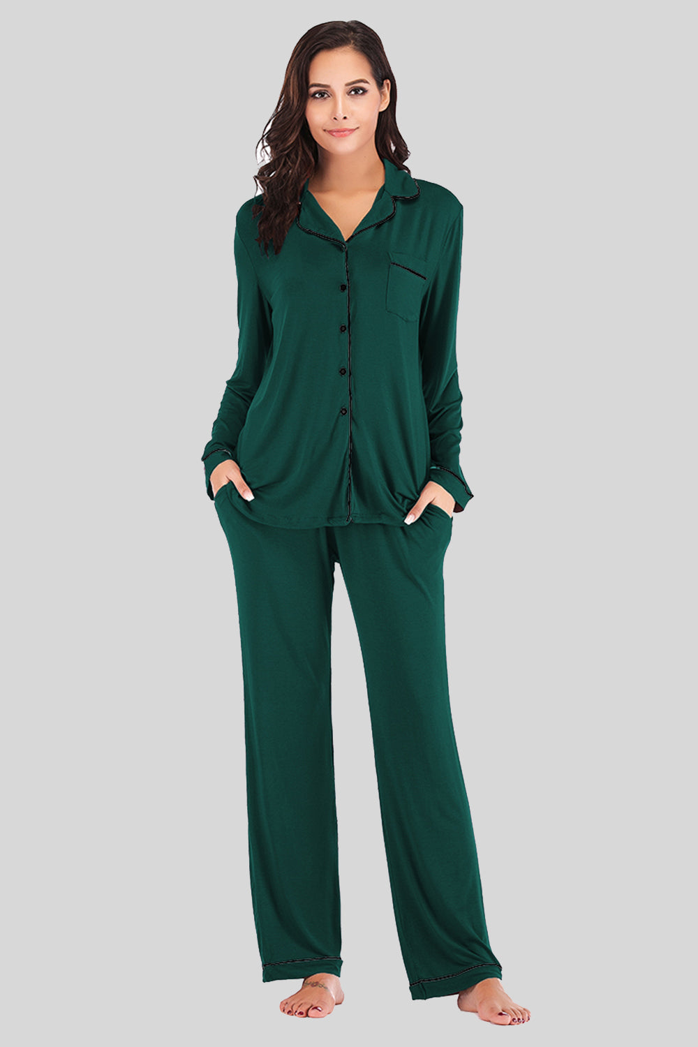Collared Neck Long Sleeve Loungewear Set with Pockets by Wild and Free Boutique