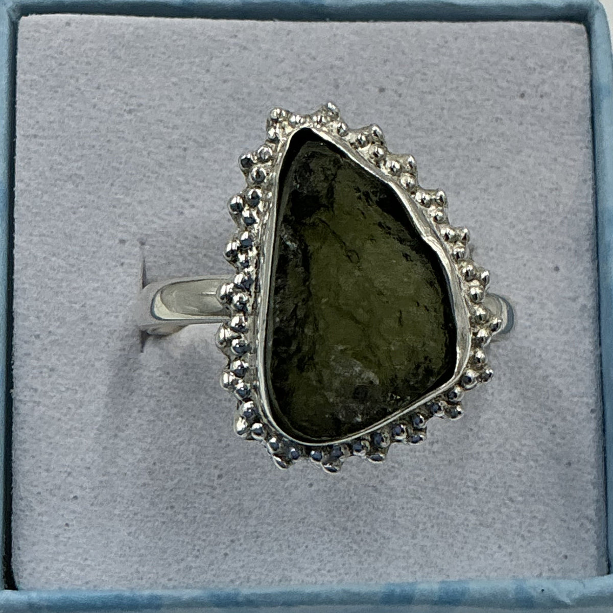 Sterling Silver Sunburst Natural Moldavite Ring - Size 10 - Transformation & Awakening by Sacred Crystals