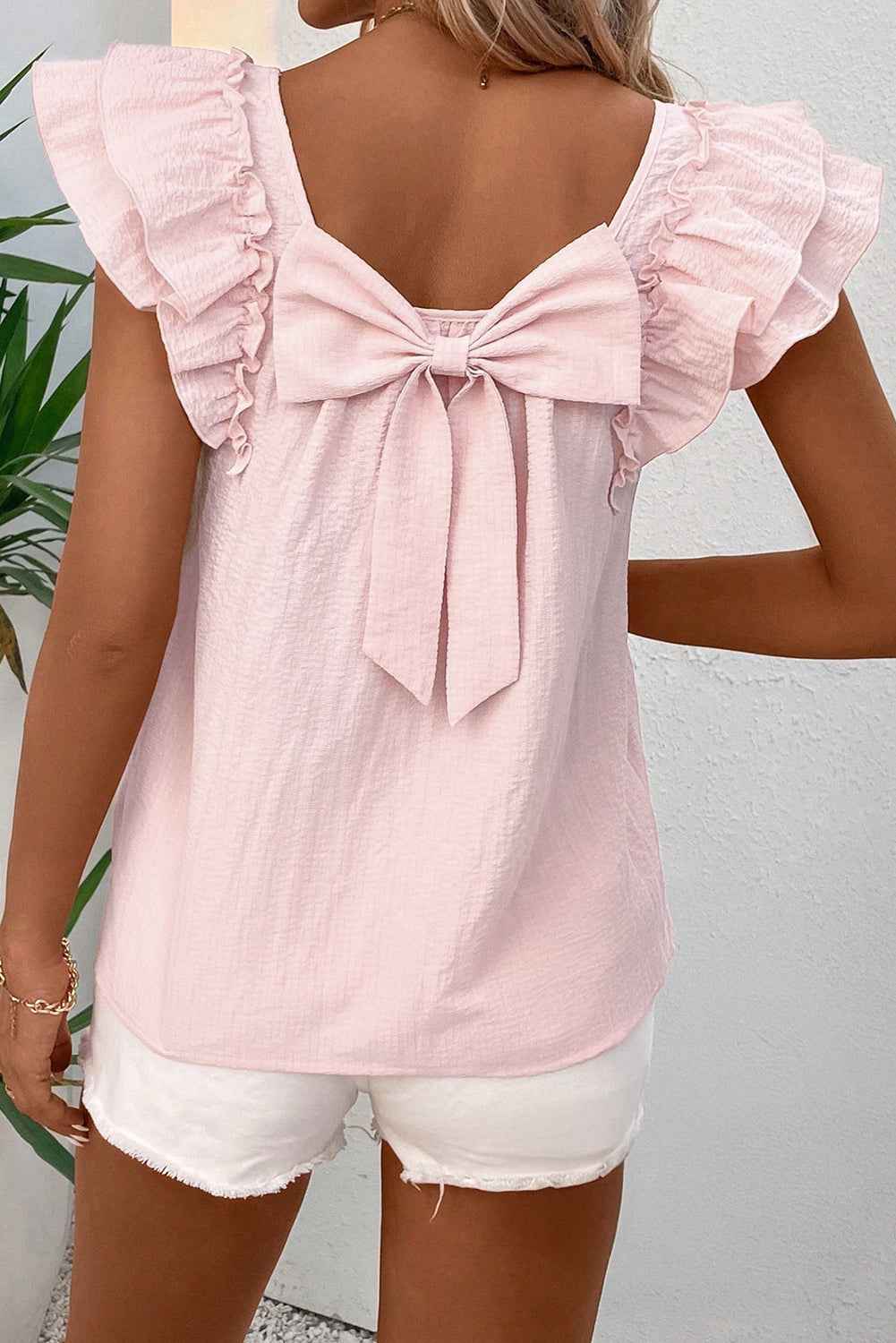 Gossamer Pink Textured Bow Frilled Ruffle Sleeve Blouse by Wild and Free Boutique