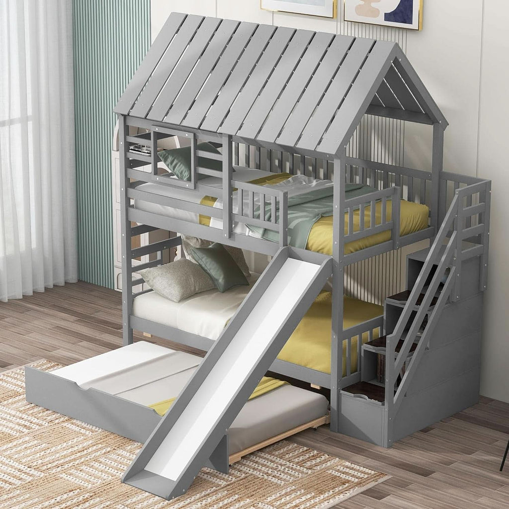 Twin Over Twin Bunk Bed With Slide For Kids Room Decor by ShipItFurniture