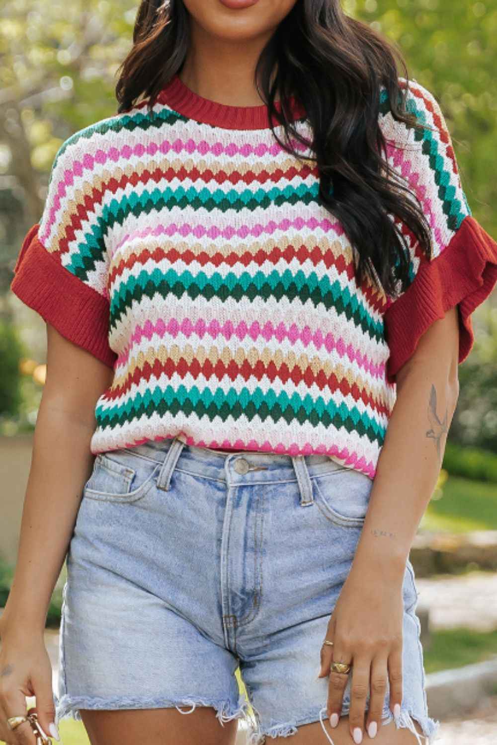 Contrast Round Neck Short Sleeve Sweater by Wild and Free Boutique