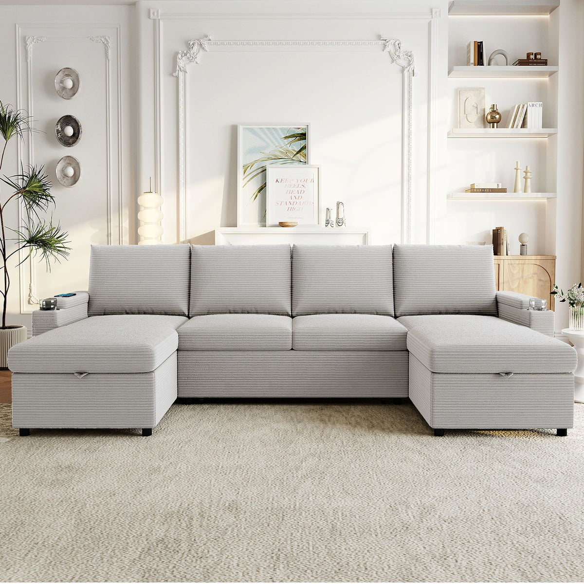 U Shaped Sectional Sofa Bed With Storage Chaise Lounges, USB Ports, And Cup Holders by Unique Piece Furniture
