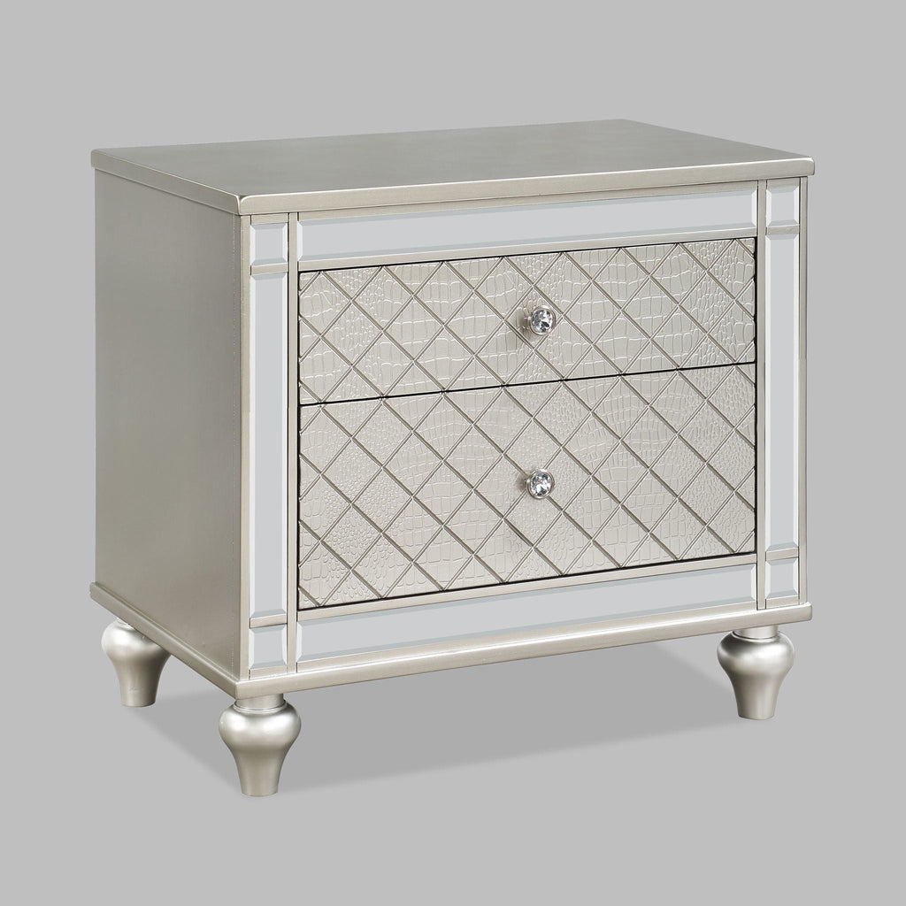 2 Drawer Nightstand With Diamond Patterned Fronts - Silver by Unique Piece Furniture