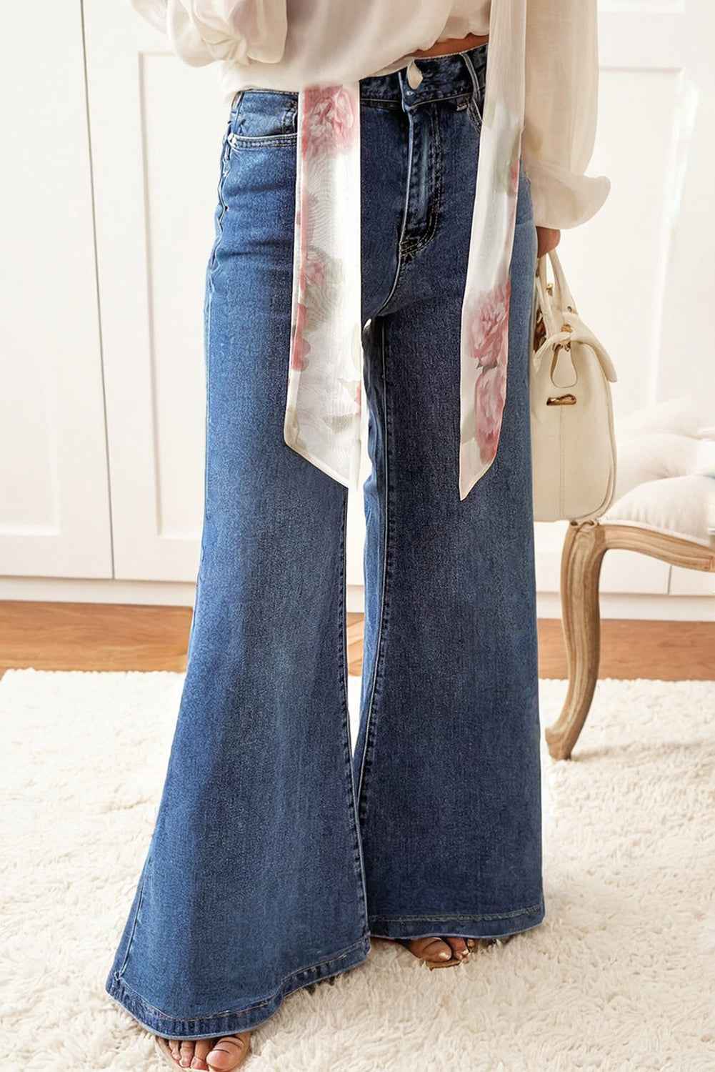 Dirty blue High Waist Button Zip Fly Bell Bottom Jeans by Wild and Free Boutique