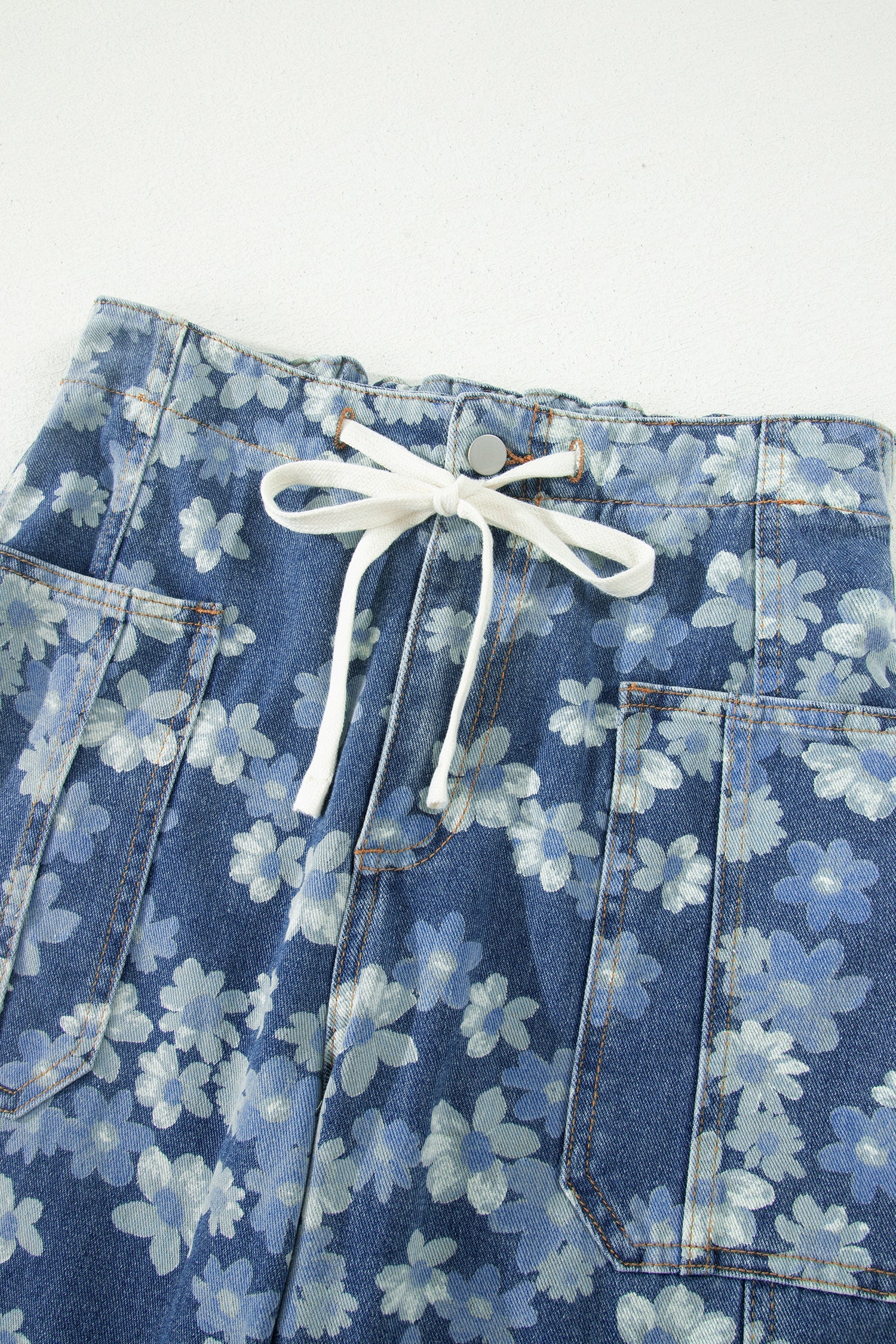 Sky Blue Dainty Floral Printed Drawstring Barrel Jeans by Wild and Free Boutique