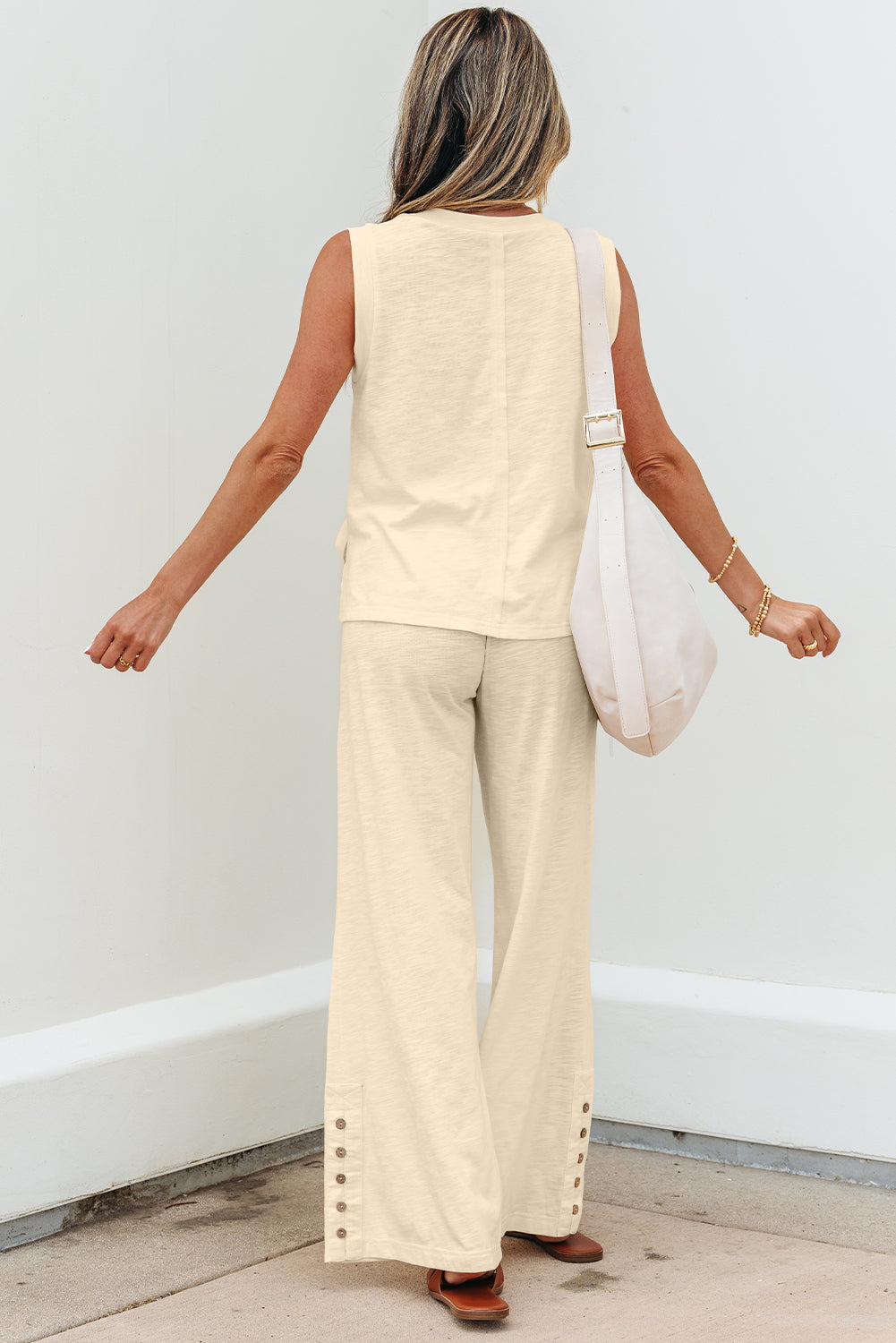 Beige Solid Color Tank Top and Smocked Waist Pants Set by Wild and Free Boutique