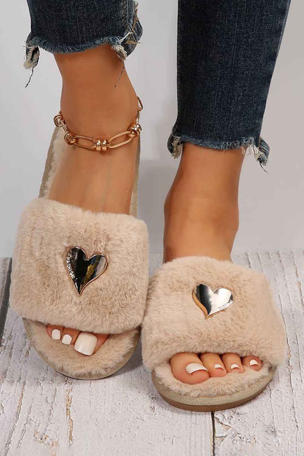 Parchment Heart Shape Buckle Decor Open Toe Plush Slippers by Wild and Free Boutique