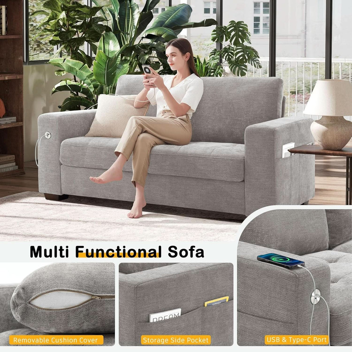 70 Inch Gray Chenille Loveseat With USB C Ports And Plush Cushions by ShipItFurniture