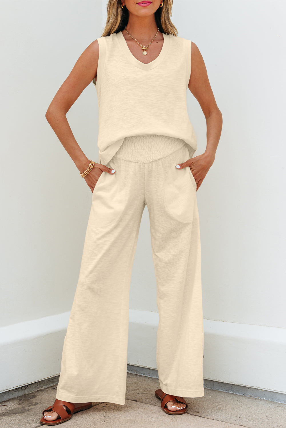 Beige Solid Color Tank Top and Smocked Waist Pants Set by Wild and Free Boutique
