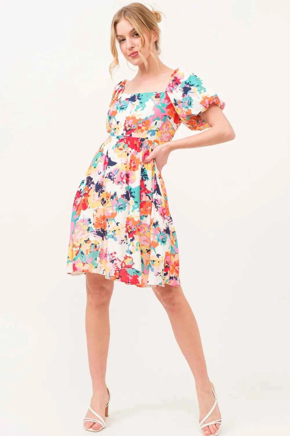 And The Why Square Neck Puff Sleeve Floral Dress by Wild and Free Boutique