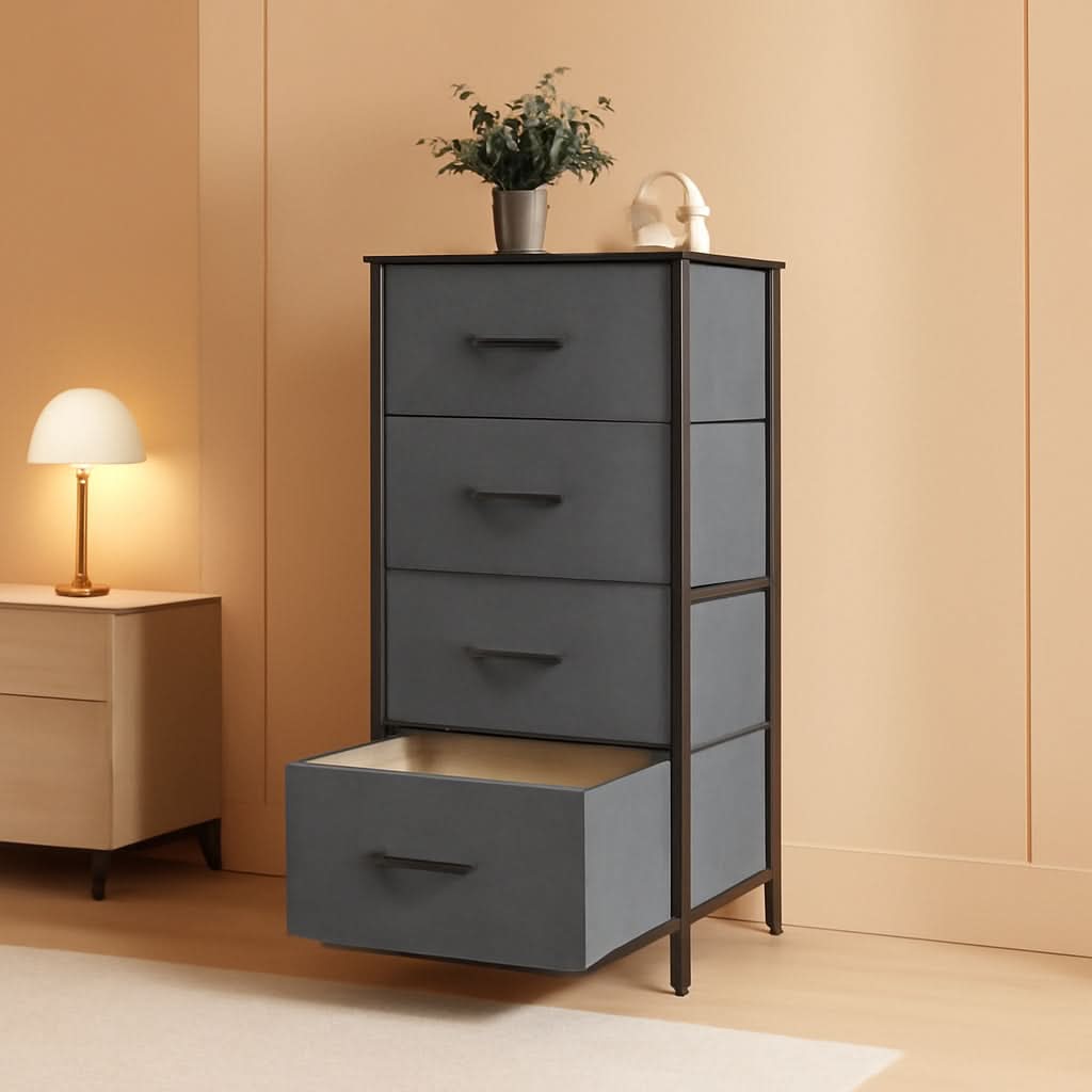 Dark Grey Fabric Dresser With Wood Top 4 Drawer Organizer by ShipItFurniture