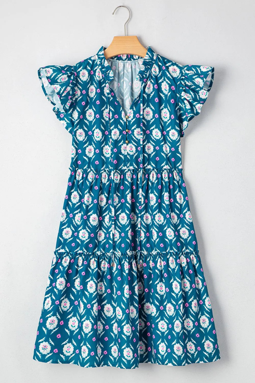 Printed Tie Neck Ruffled Cap Sleeve Dress by Simply Love