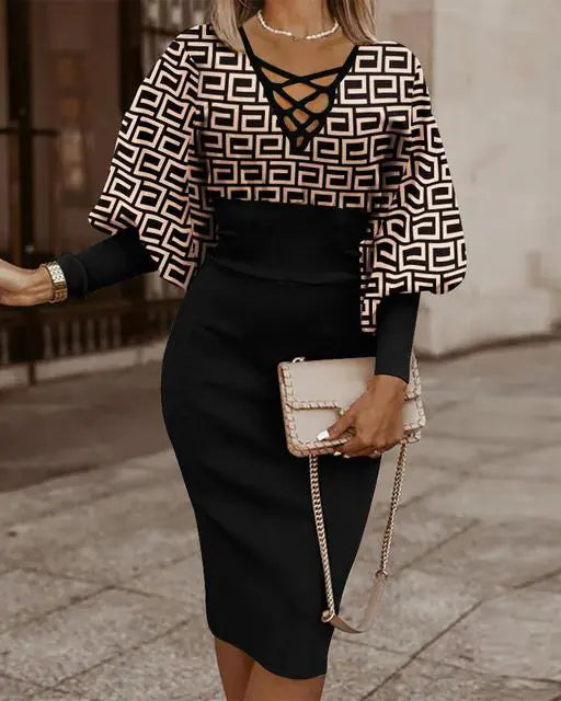 Elegant Women's V-Neck Long Sleeve Pencil Dress by Trendy Attic Store01