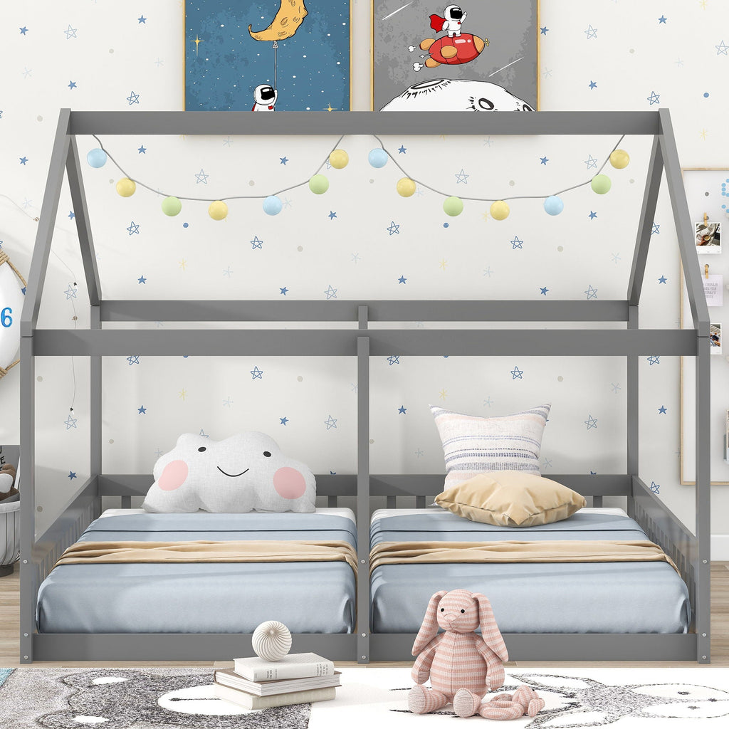 House Platform Beds, 2 Shared Beds, Metal Frame With Guardrails by Unique Piece Furniture