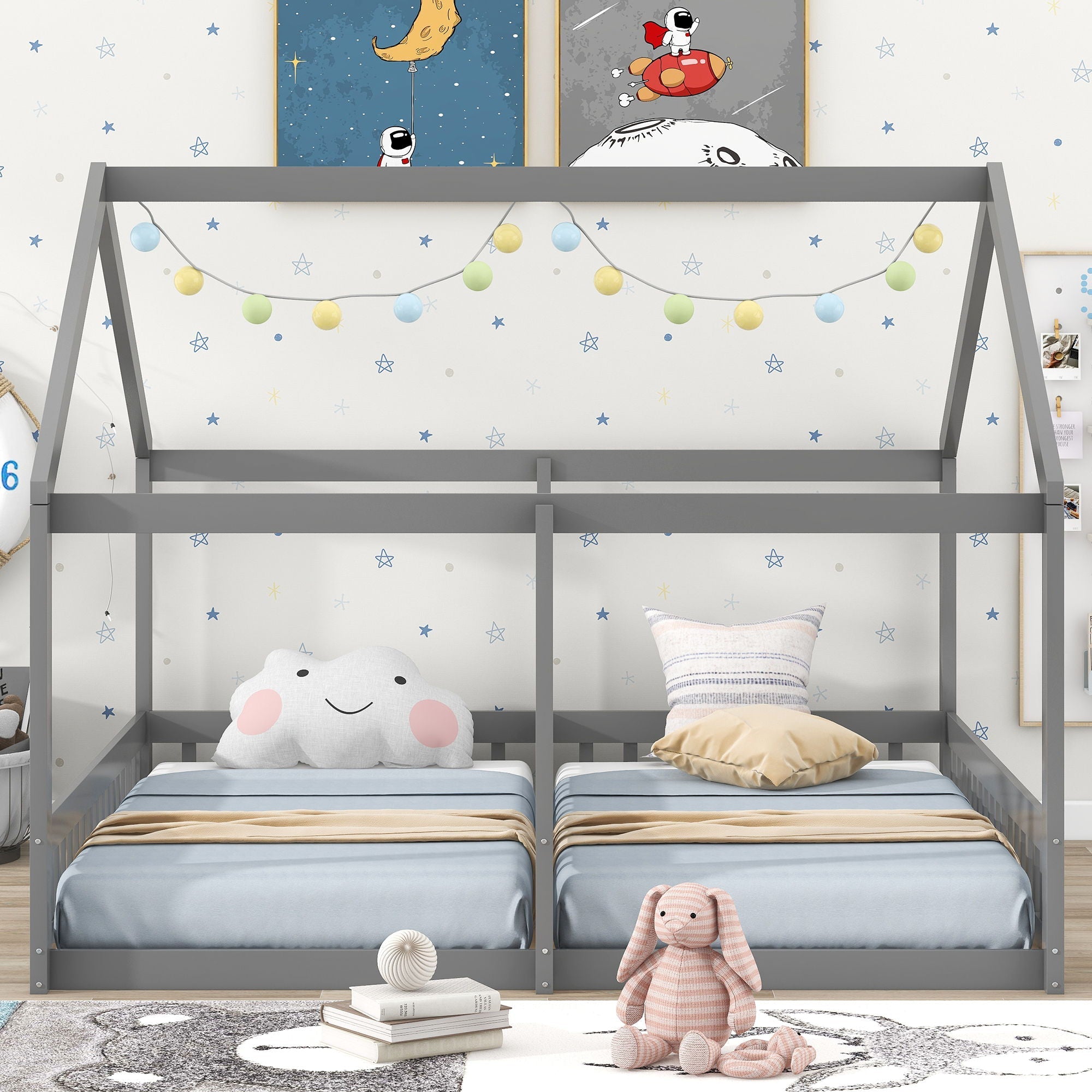 House Platform Beds, 2 Shared Beds, Metal Frame With Guardrails by Unique Piece Furniture