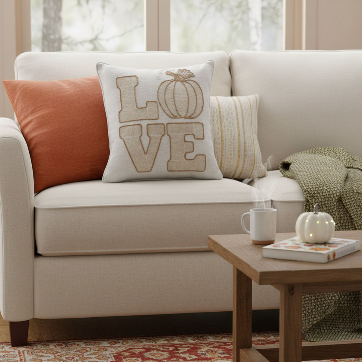 Love Pumpkin Embroidered Throw Pillow - Natural by Unique Piece Furniture