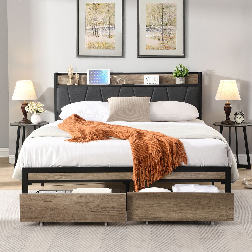 Modern Bed Frame With LED Lights, Upholstered Headboard, USB Charging by Unique Piece Furniture