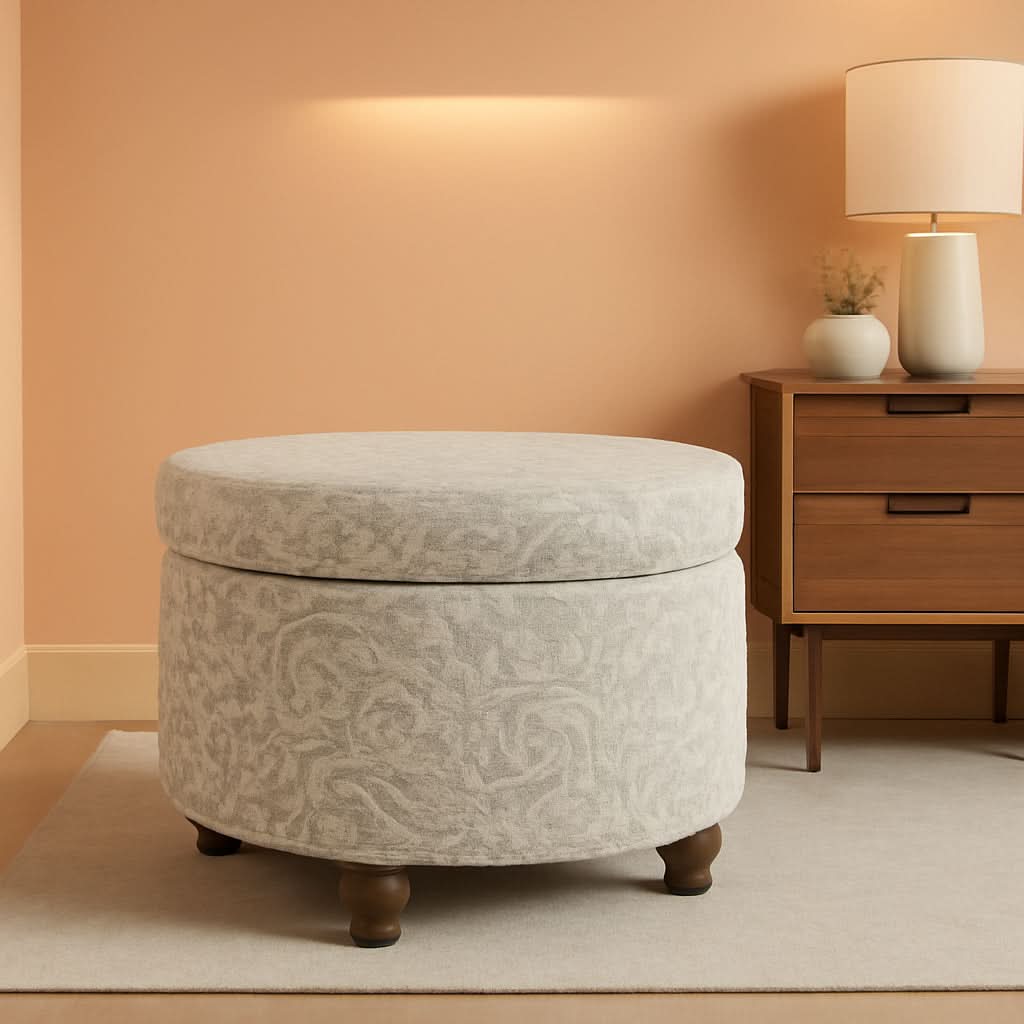 Gray Floral Storage Ottoman Large Round For Living Room by ShipItFurniture