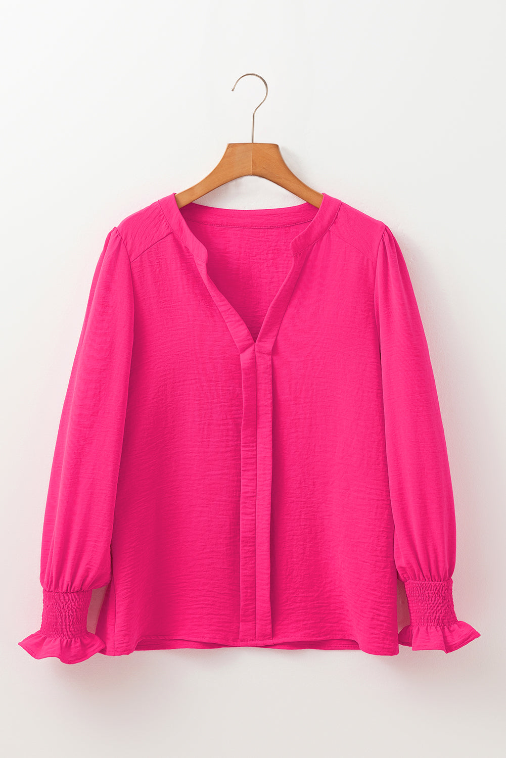 Rose Red Solid Color Shirred Cuff Notch V Neck Blouse by Wild and Free Boutique