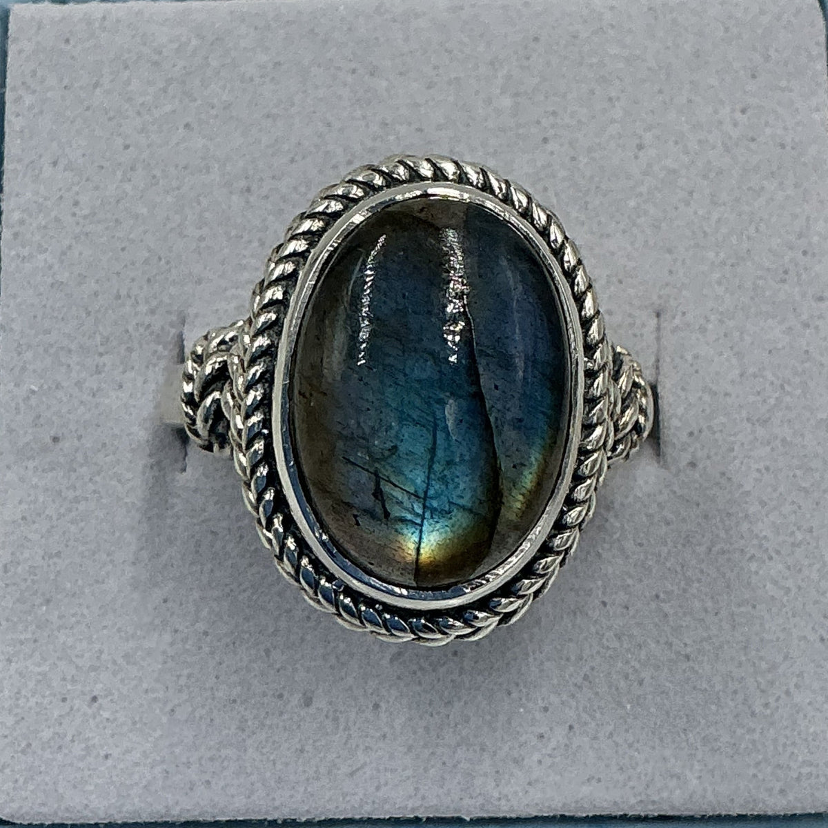 Sterling Silver Twilight Blue Labradorite Oval Rope Ring - Size 8 - Magic and Protection by Sacred Crystals