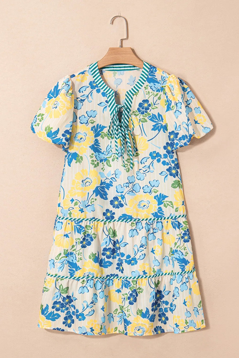 Floral Striped Trim Puff Short Sleeve Dress by Simply Love