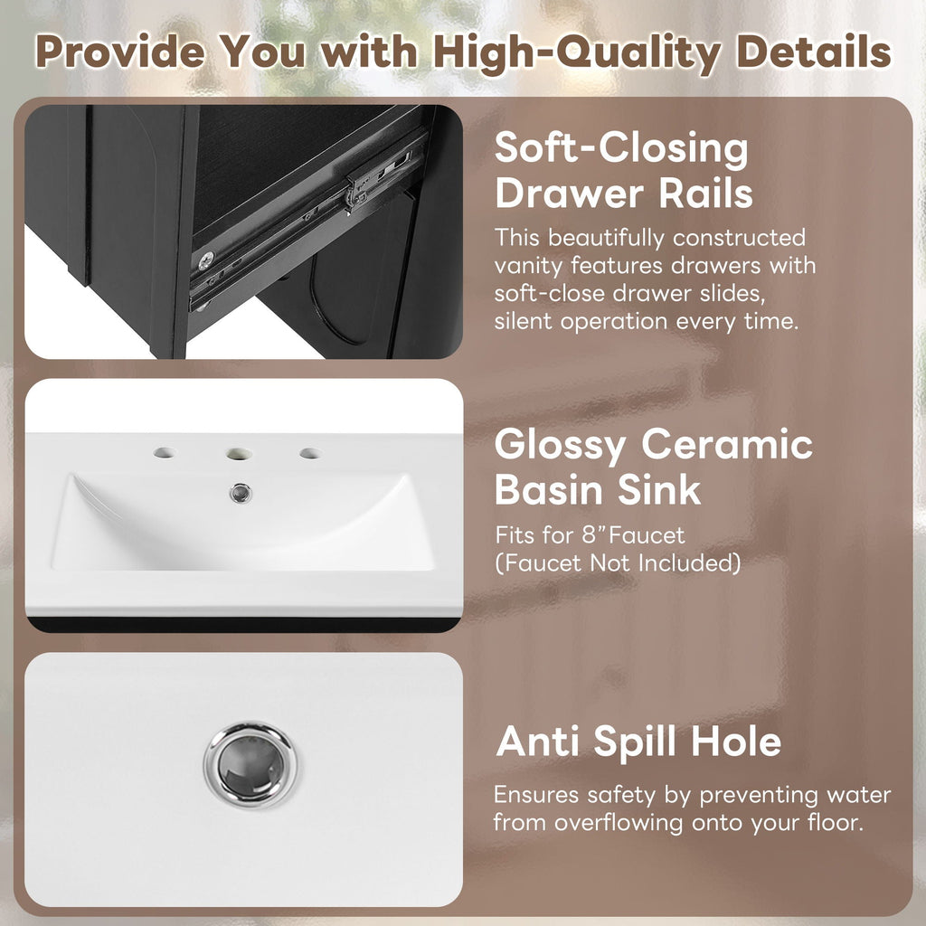 Floating Bathroom Vanity With Oval Knobs & Round Edge, Soft Close Drawer Slides by Unique Piece Furniture