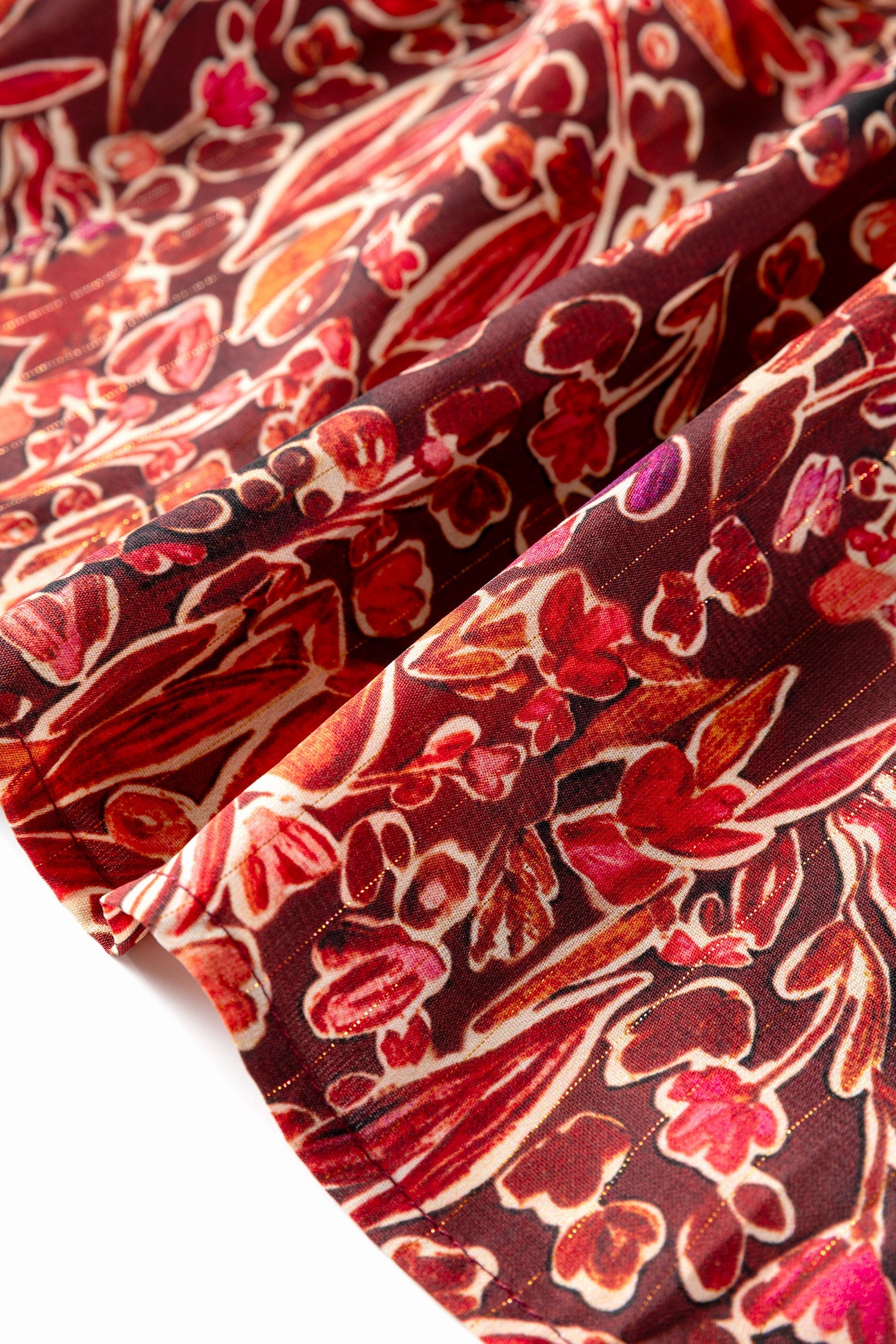 Red Floral Print Long Sleeve Shirred High Neck Loose Mini Dress by Wild and Free Boutique