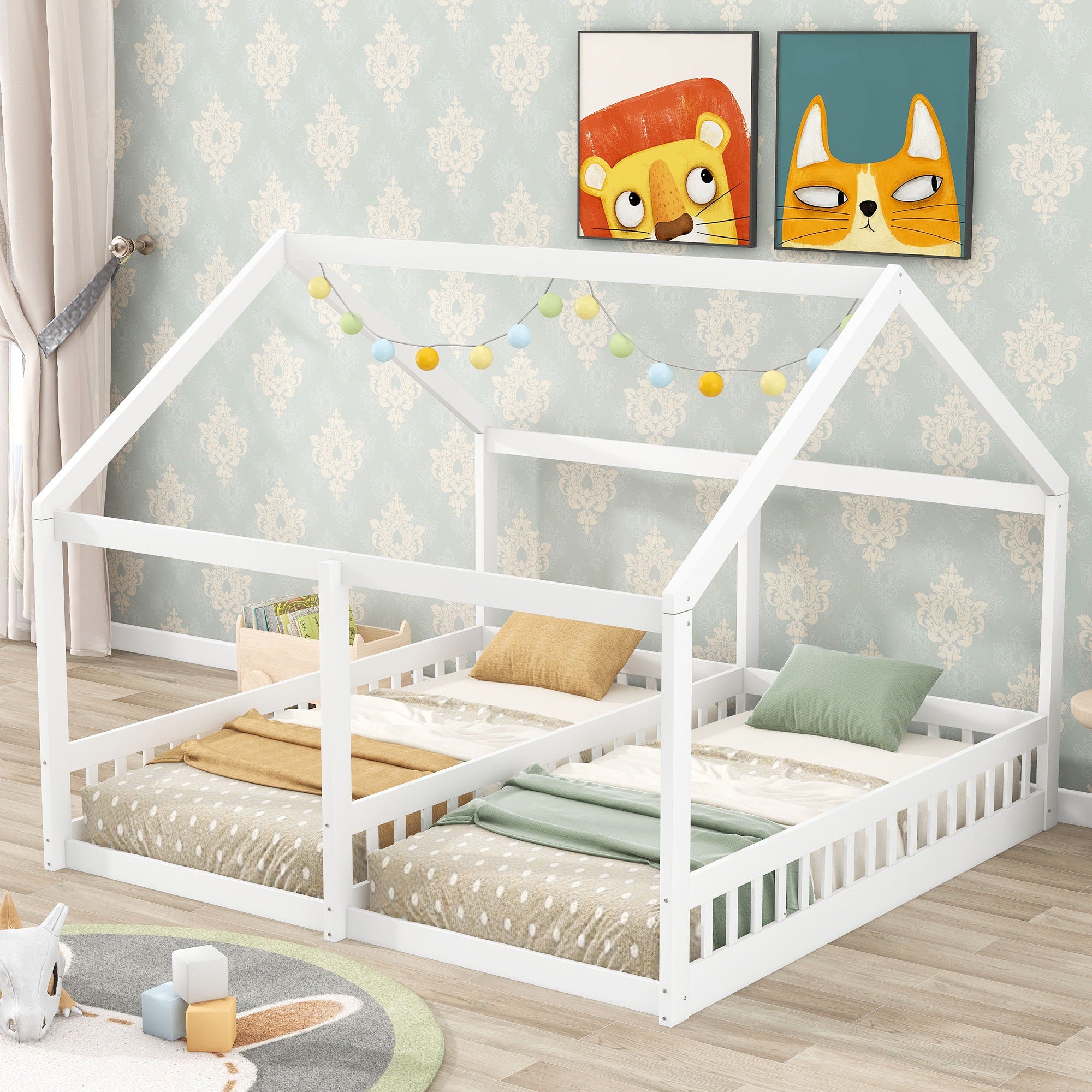 House Platform Beds, 2 Shared Beds, Metal Frame With Guardrails by Unique Piece Furniture