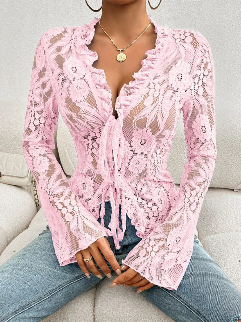 Tied V-Neck Long Sleeve Lace Top by Wild and Free Boutique