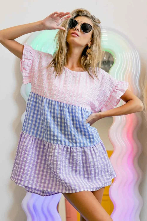 BiBi Plaid Color Block Tiered Top by Wild and Free Boutique