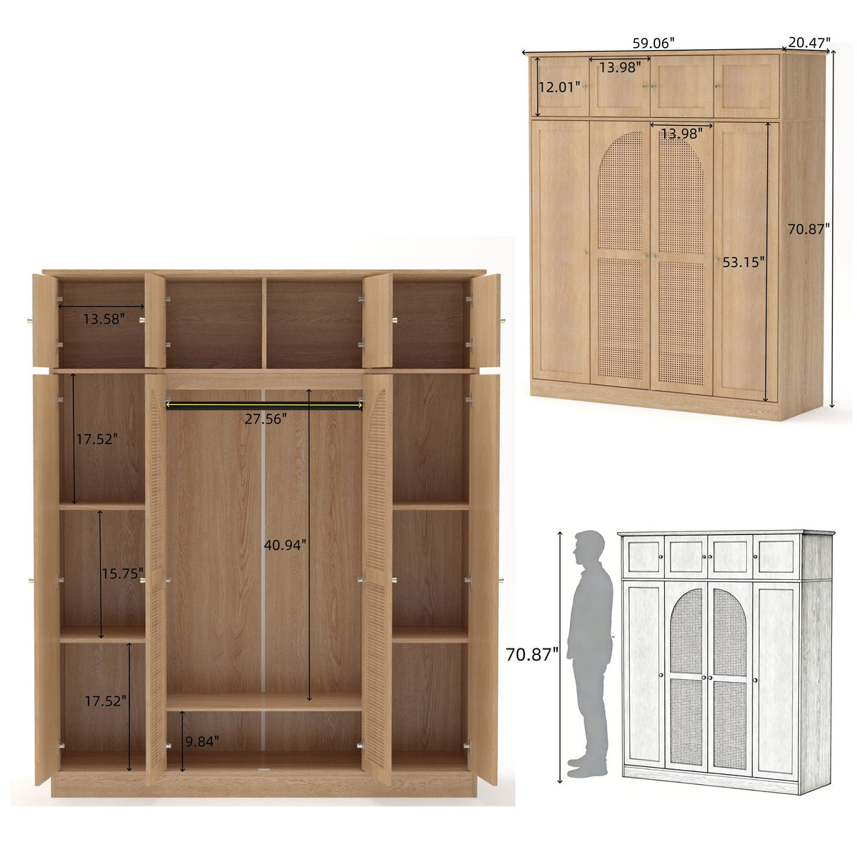 8 Door Armoire Wardrobe With Adjustable Shelves And Hanging Rod by Unique Piece Furniture