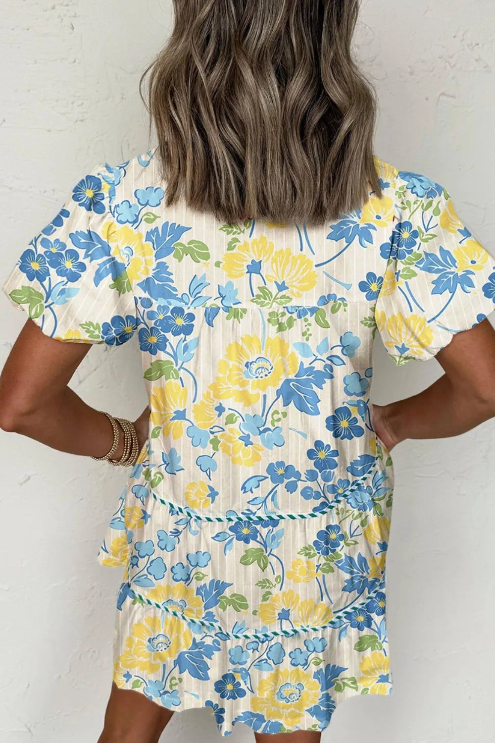 Floral Striped Trim Puff Short Sleeve Dress by Simply Love