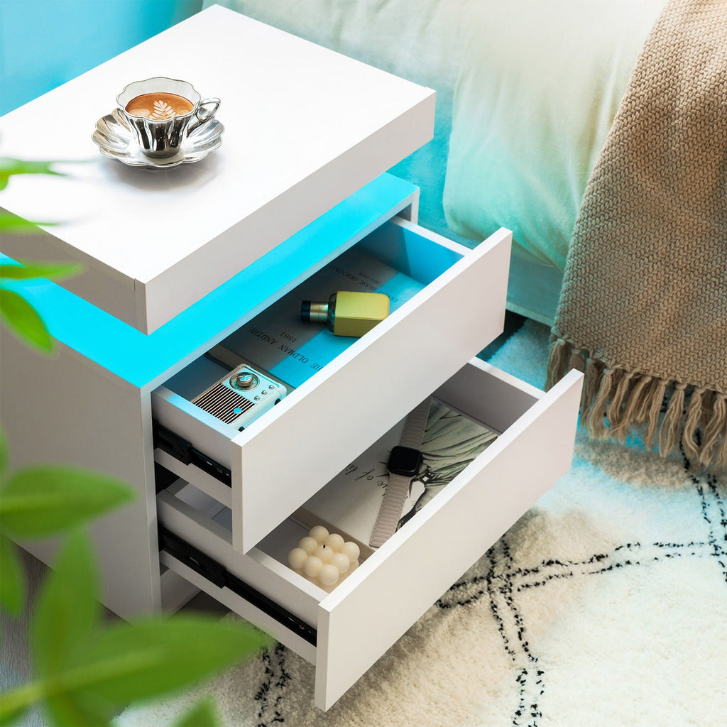 Modern LED Bedside Table Cabinet With Adjustable Lights And 2 Drawers - White by Unique Piece Furniture
