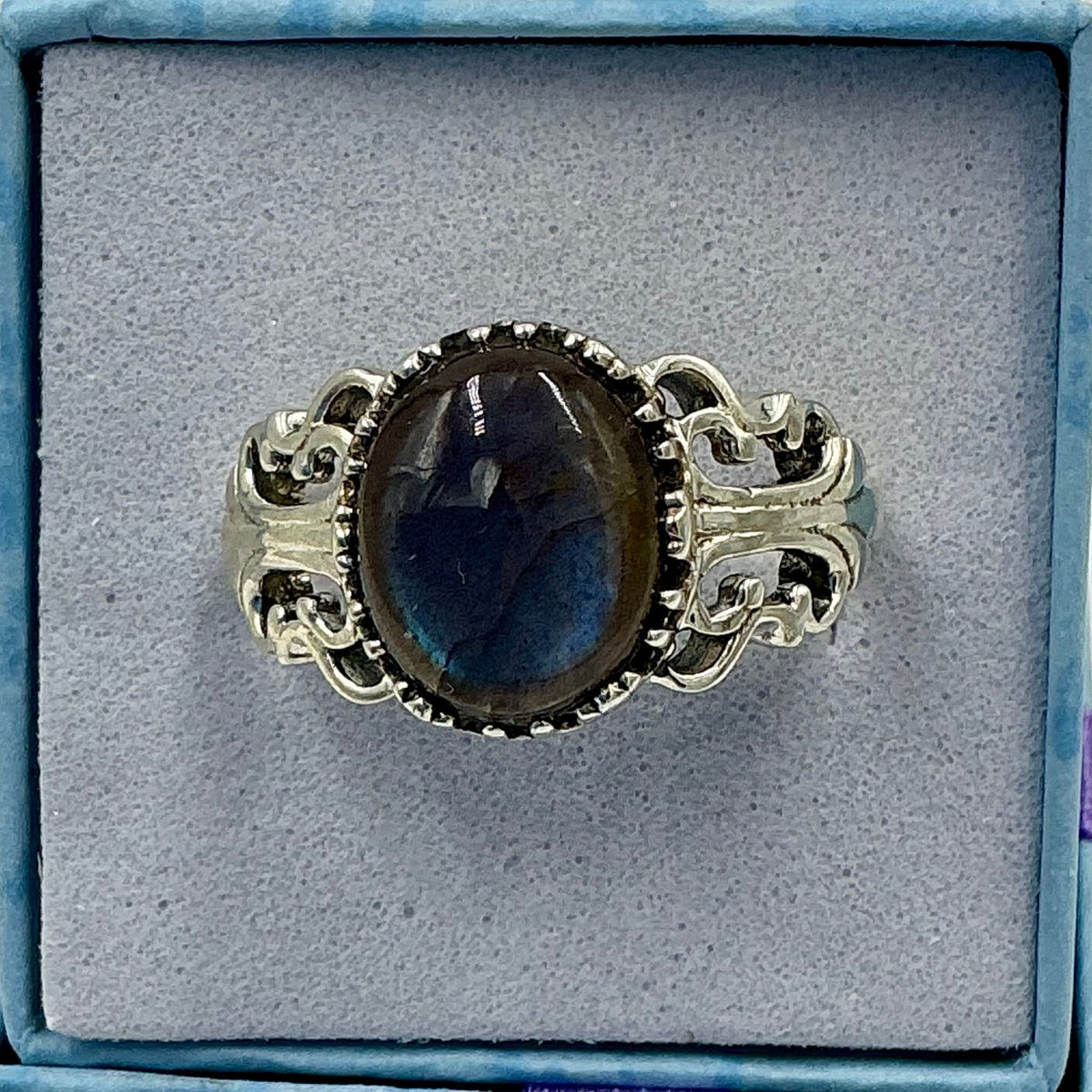 Sterling Silver Labradorite Ornate Round Ring - Size 9 - Royal Protection by Sacred Crystals