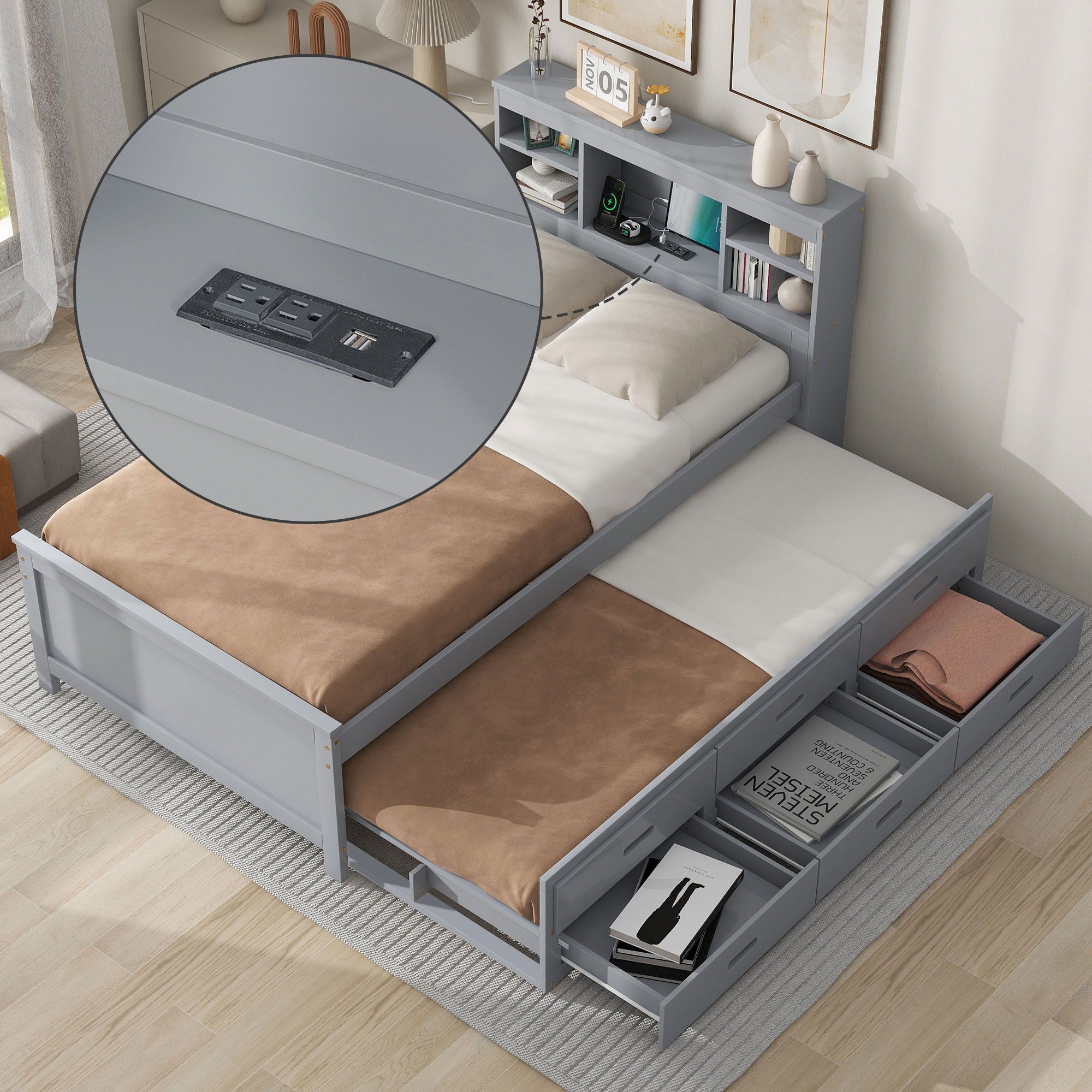 Platform Bed With Storage Headboard, USB, Trundle And 3 Drawers by Unique Piece Furniture
