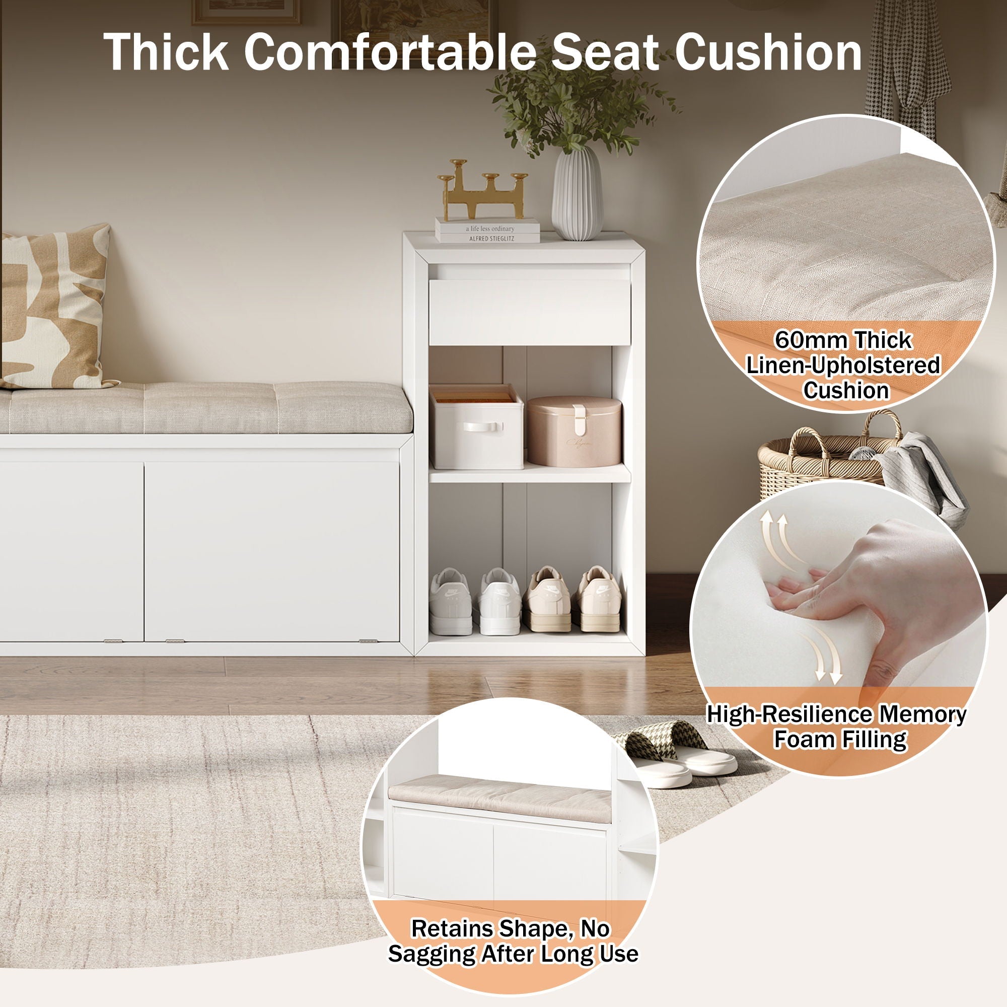 Entryway Storage Bench With Cushion, Drawers & Open Shelves by Unique Piece Furniture