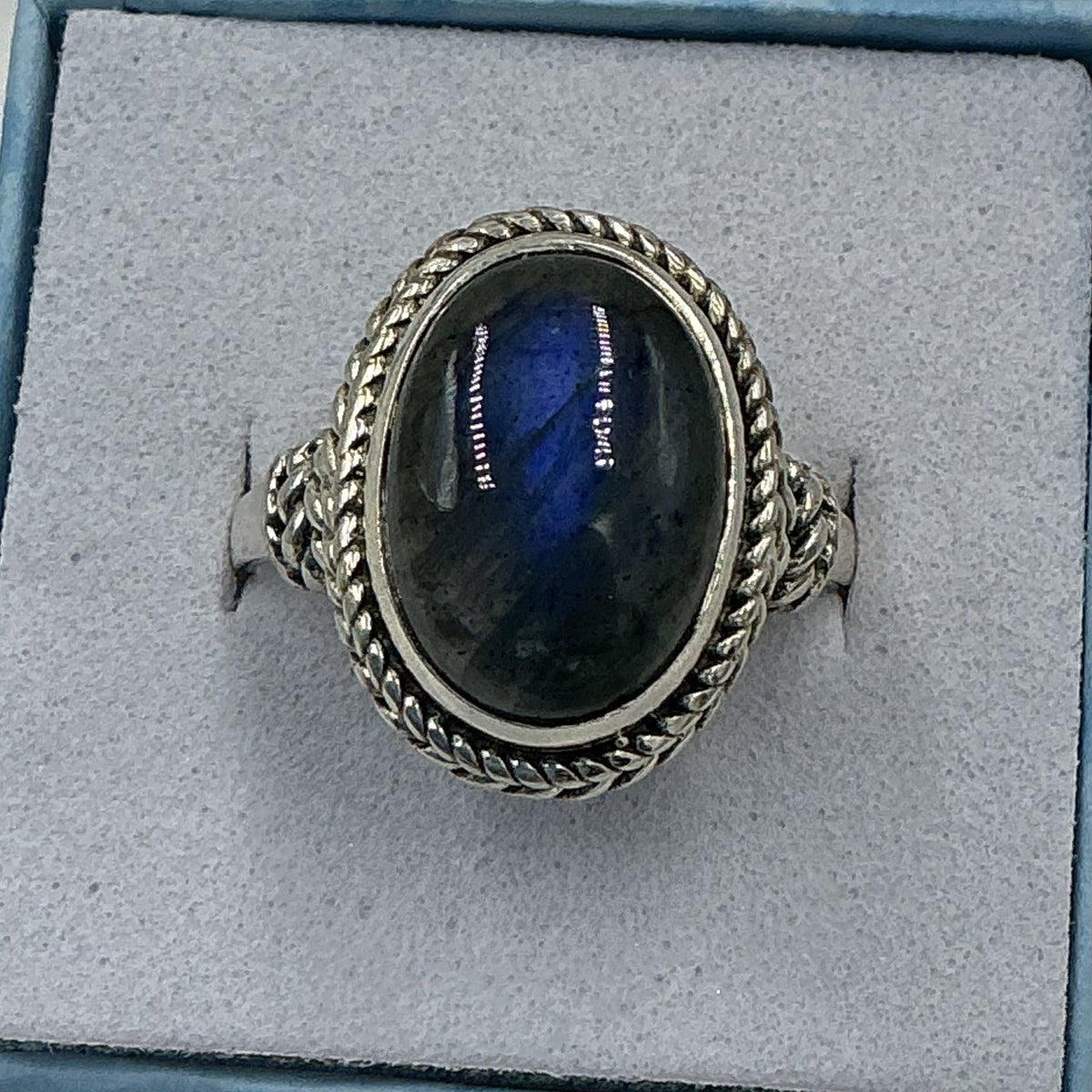 Sterling Silver Deeo Blue Labradorite Oval Rope Ring - Size 9 - Magic and Protection by Sacred Crystals