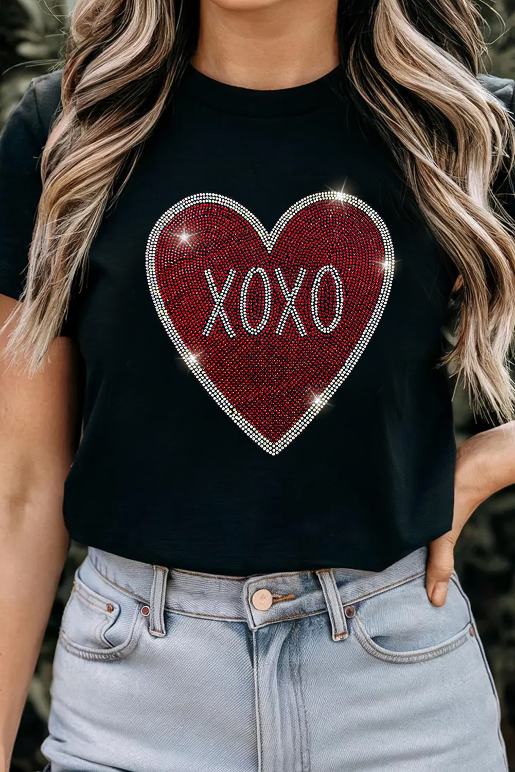 Black Rhinestone XOXO Heart Graphic Crewneck Tee by Dear-Lover Dropshipping