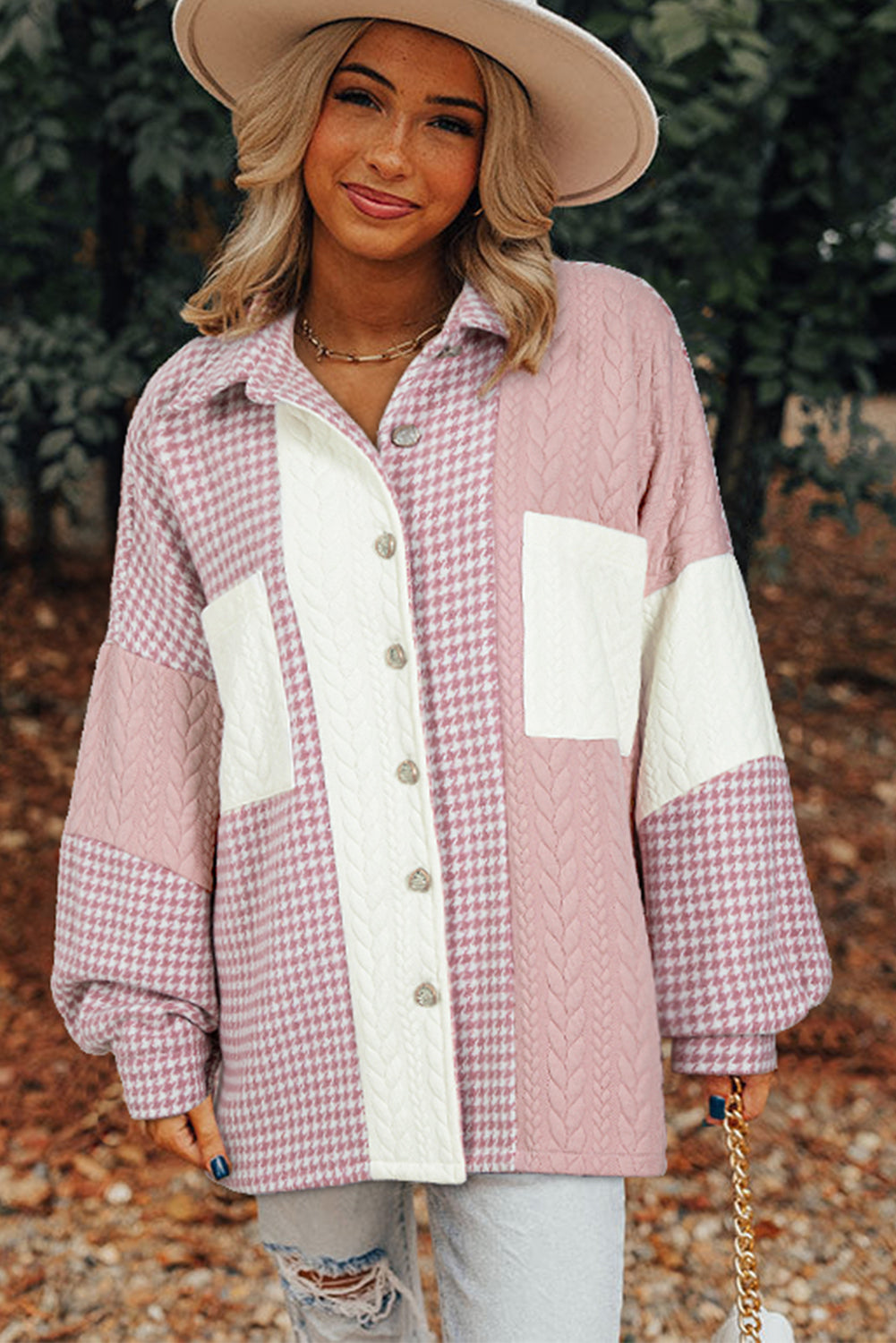 Pink Houndstooth Textured Patchwork Loose Shacket by Wild and Free Boutique