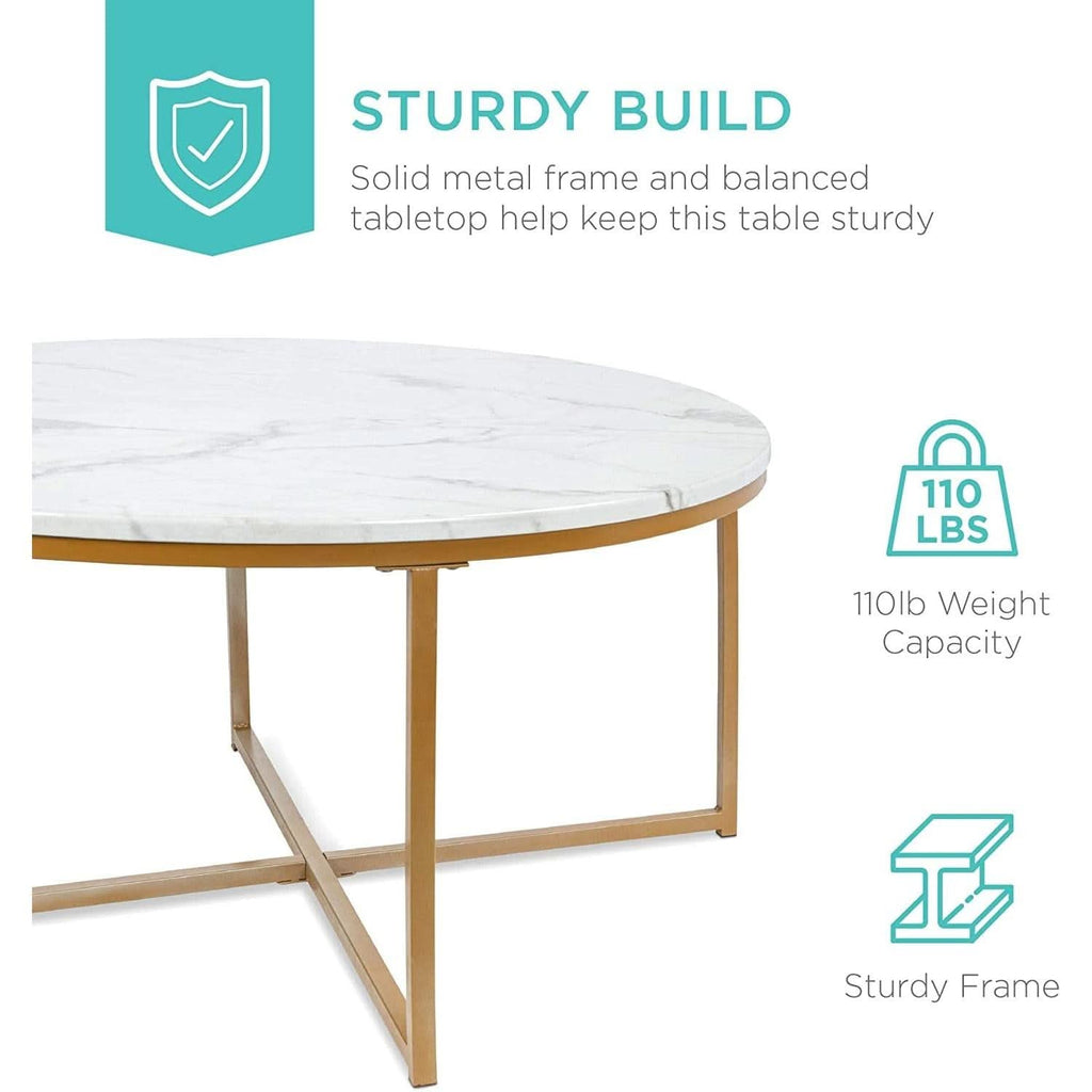 Round Coffee Table With Faux Marble Top Cross Leg Design by ShipItFurniture