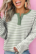 Green Stripe Textured Frilly Trim Buttons Henley Long Sleeve Top by Wild and Free Boutique
