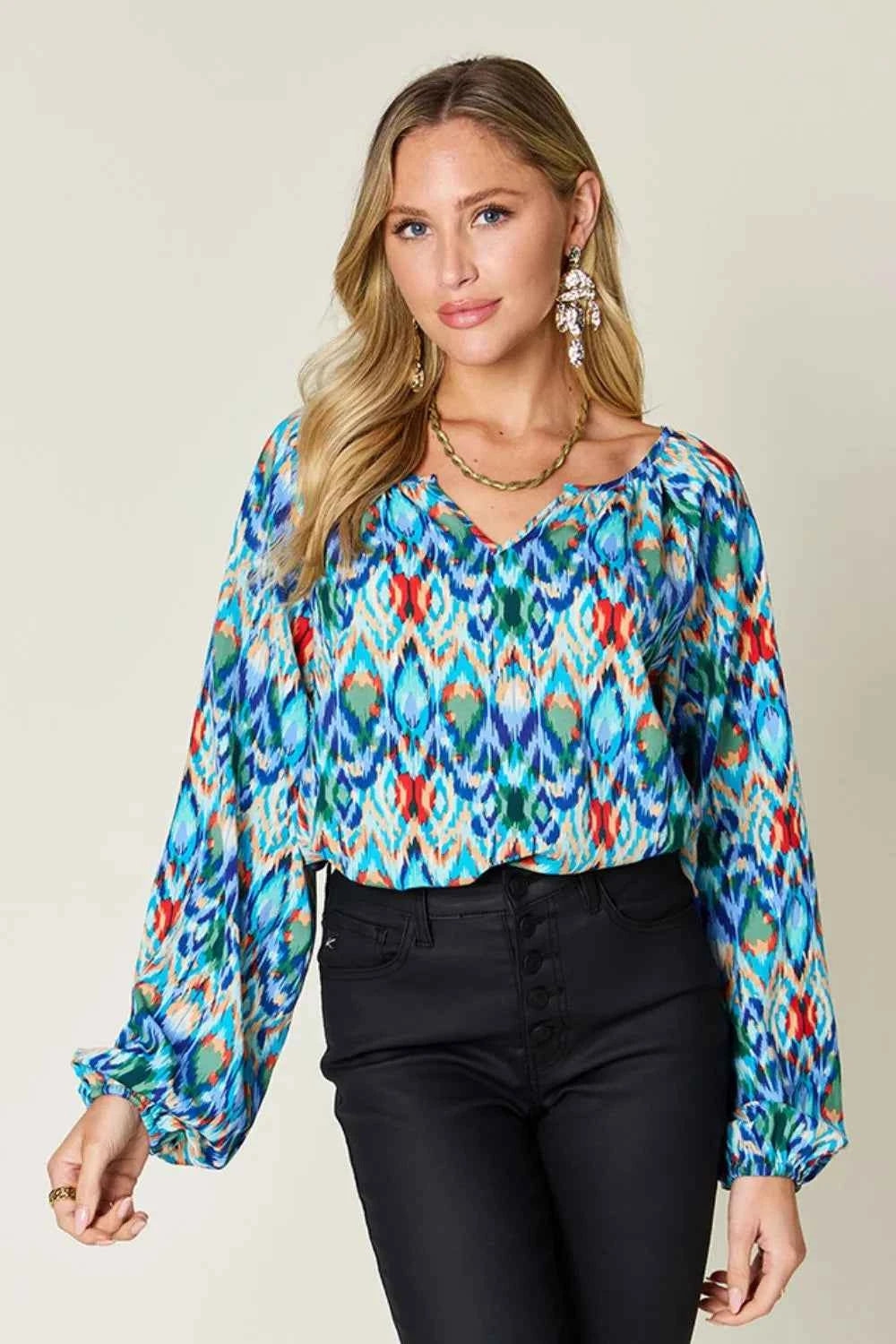 Double Take Full Size Printed Balloon Sleeve Blouse by Wild and Free Boutique
