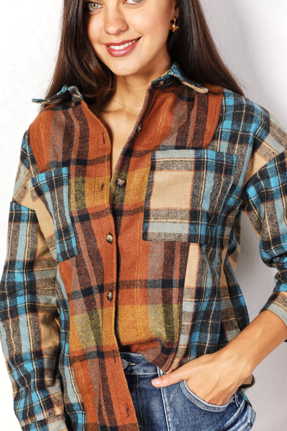 Double Take Plaid Curved Hem Shirt Jacket with Breast Pockets by Wild and Free Boutique