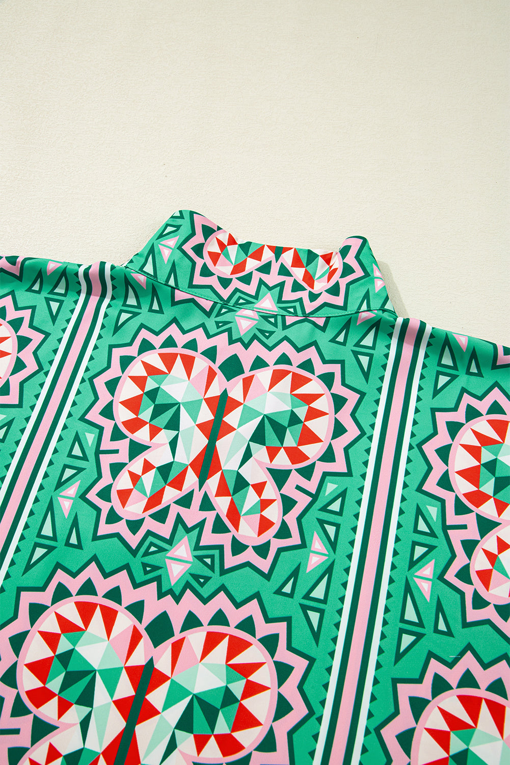Sea Green Boho Abstract Print Contrast Striped Collared V Neck Blouse by Wild and Free Boutique