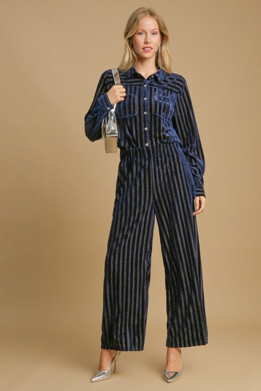 Umgee Full Size Elastic Waist Striped Wide Leg Velvet Pants by Wild and Free Boutique