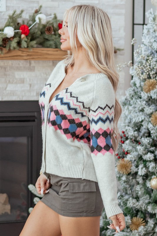 Stripe Geometric Button-Up Sweater Cardigan by The Diamond Empire LLC