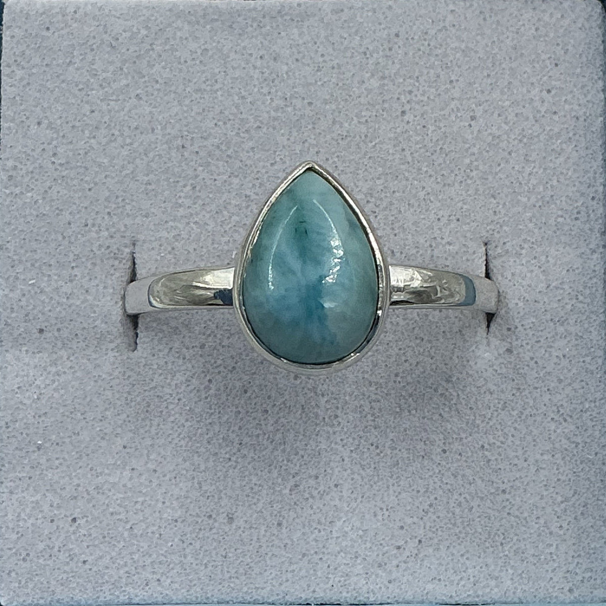 Sterling Silver Larimar Dainty Tear Ring - Size 10 - Calm & Communication by Sacred Crystals